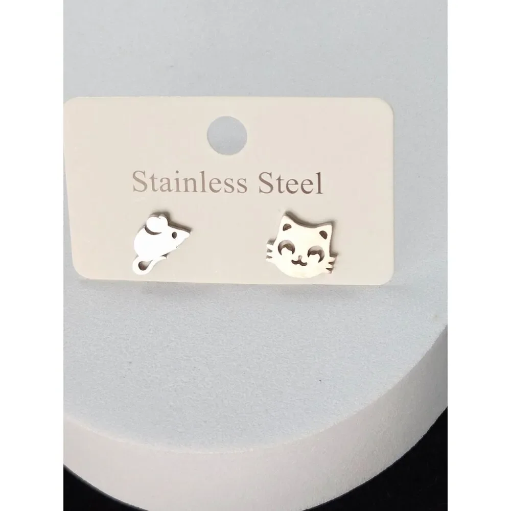 Cat Mouse Stud Earrings Mismatched Dainty Silver Stainless Steel Cute Playful